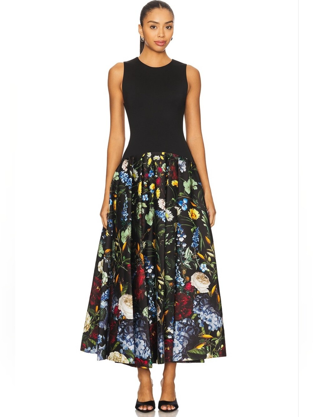 Alice + Olivia Adley Sleeveless Drop Waist Flare Midi Dress in Social Hour Black